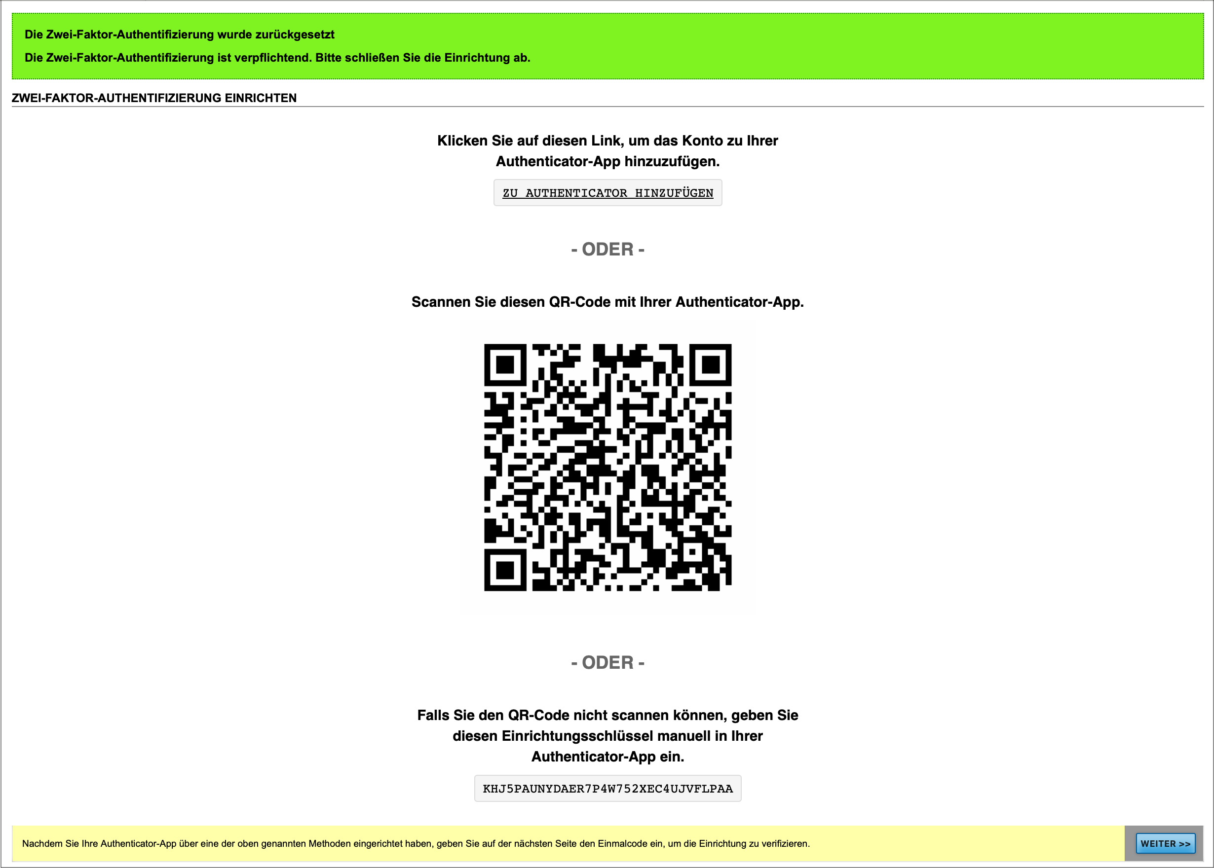 Aufforderung zur 2FA-Neueinrichtung nach einem 2FA-Reset