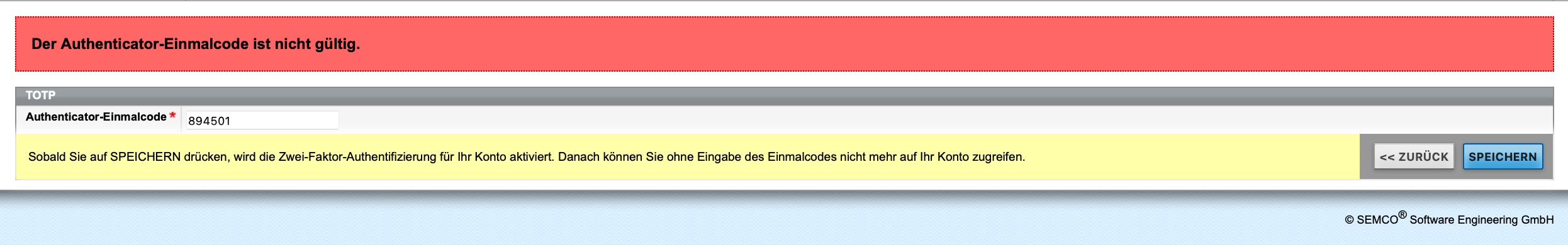 Fehlermeldung bei ungültigem Einmalcode
