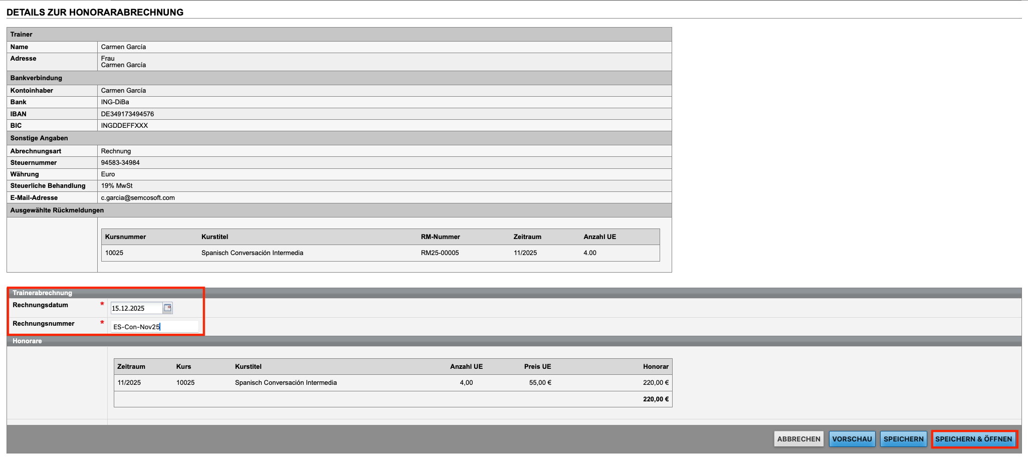 Abrechnungsdatenmaske Trainerzugang