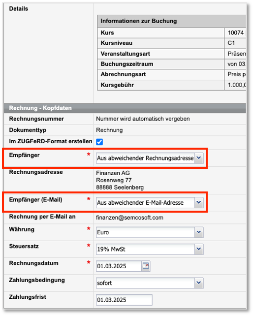 Screenshot Automatisch vorgeschlagene abweichende Adressen im Rechnungsformular