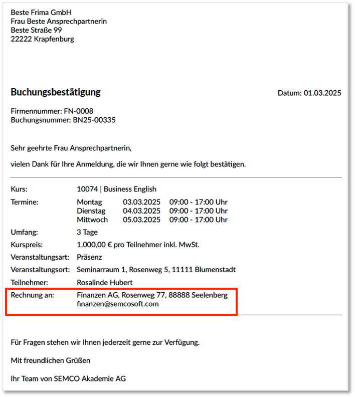Screenshot Abweichende Rechnungsangaben auf der Buchungsbestätigung