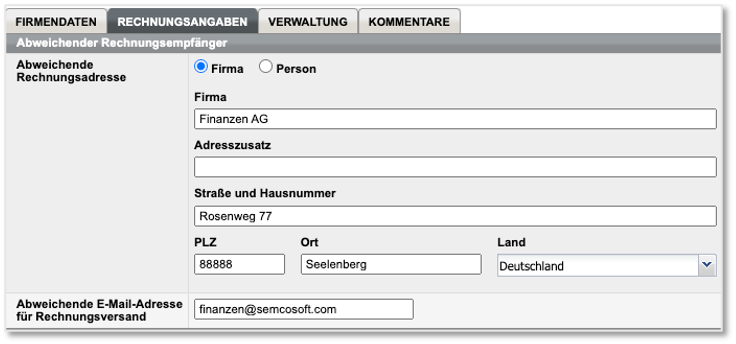 Screenshot von in den Firmenstammdaten gespeichertem abweichenden Rechnungsempfänger