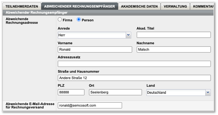 Screenshot von in den Teilnehmerstammdaten gespeichertem abweichenden Rechnungsempfänger