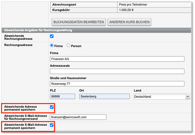 Screenshot Abweichende Rechnungsangaben speichern