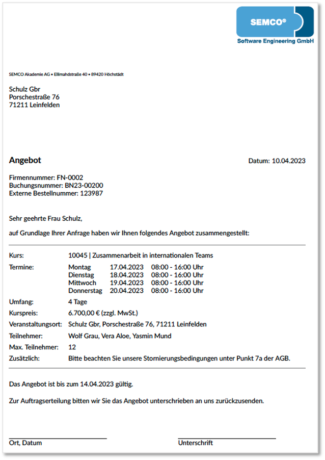 Angebot für Firmenkurse