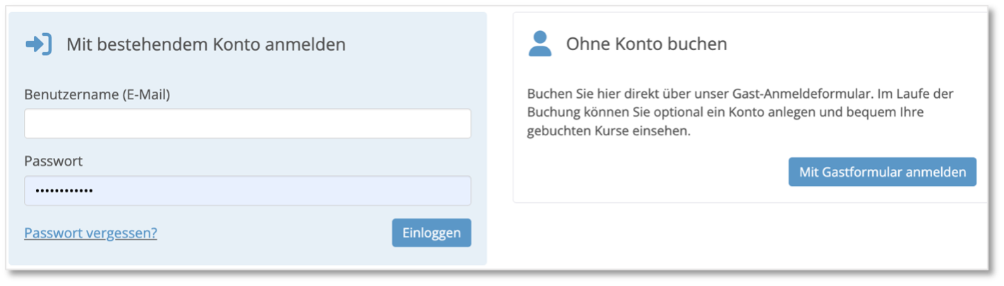Anmeldemaske Buchung als Gast oder im Kundenportal
