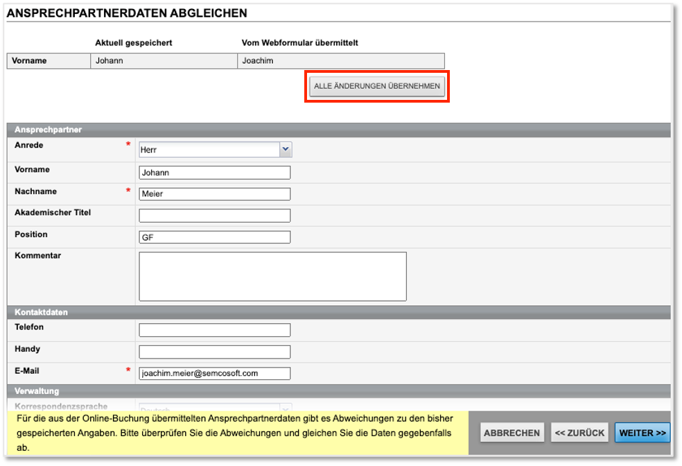 Ansprechpartnerdaten abgleichen