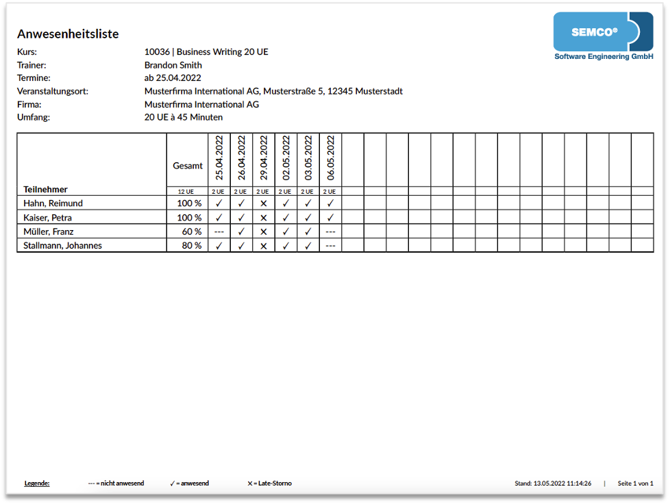 Anwesenheitsliste Kontingentkurse