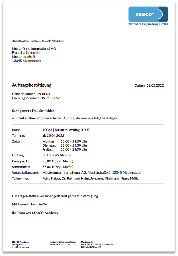 Auftragsbestätigung Kontingentkurs