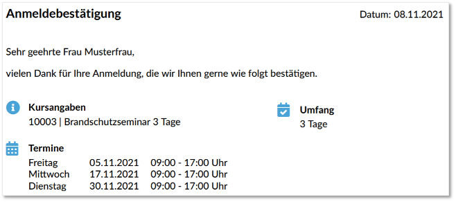 Ausführliche Termindarstellung in Buchungsbestätigungen