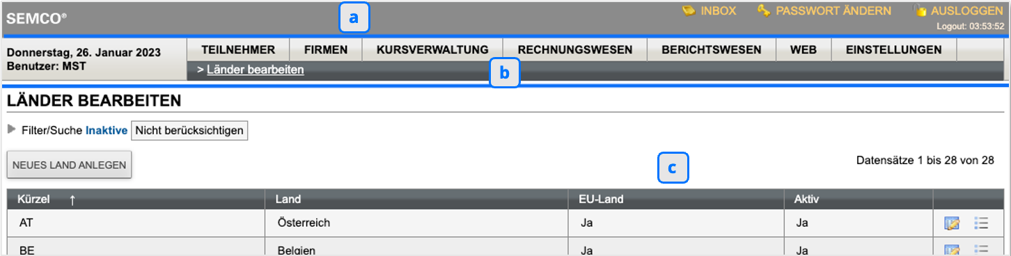 Screenshot Benutzeroberfläche mit markierten Bereichen a, b und c