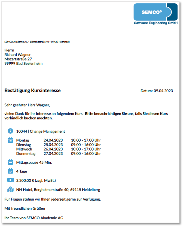 Bestätigung Kursinteresse für Teilnehmer