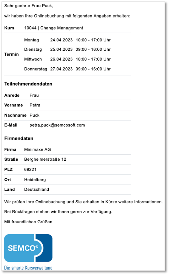 Bestätigung des Buchungseingangs bei Firmeneinzelbuchungen