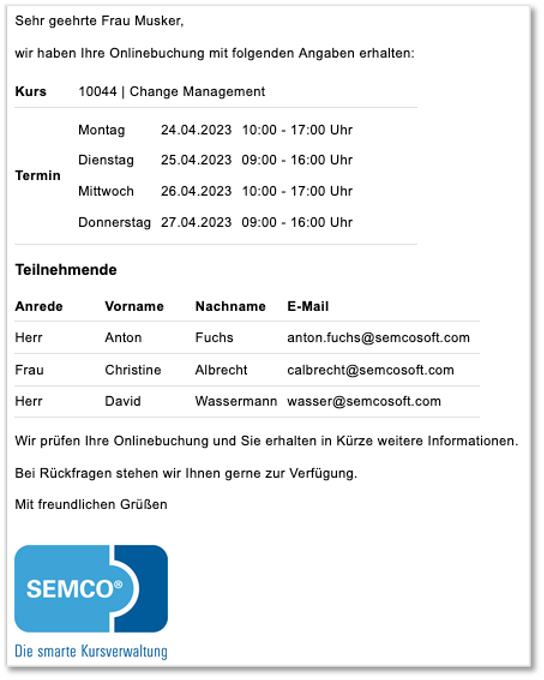 Bestätigung des Buchungseingangs bei Firmenbuchungen über Besteller