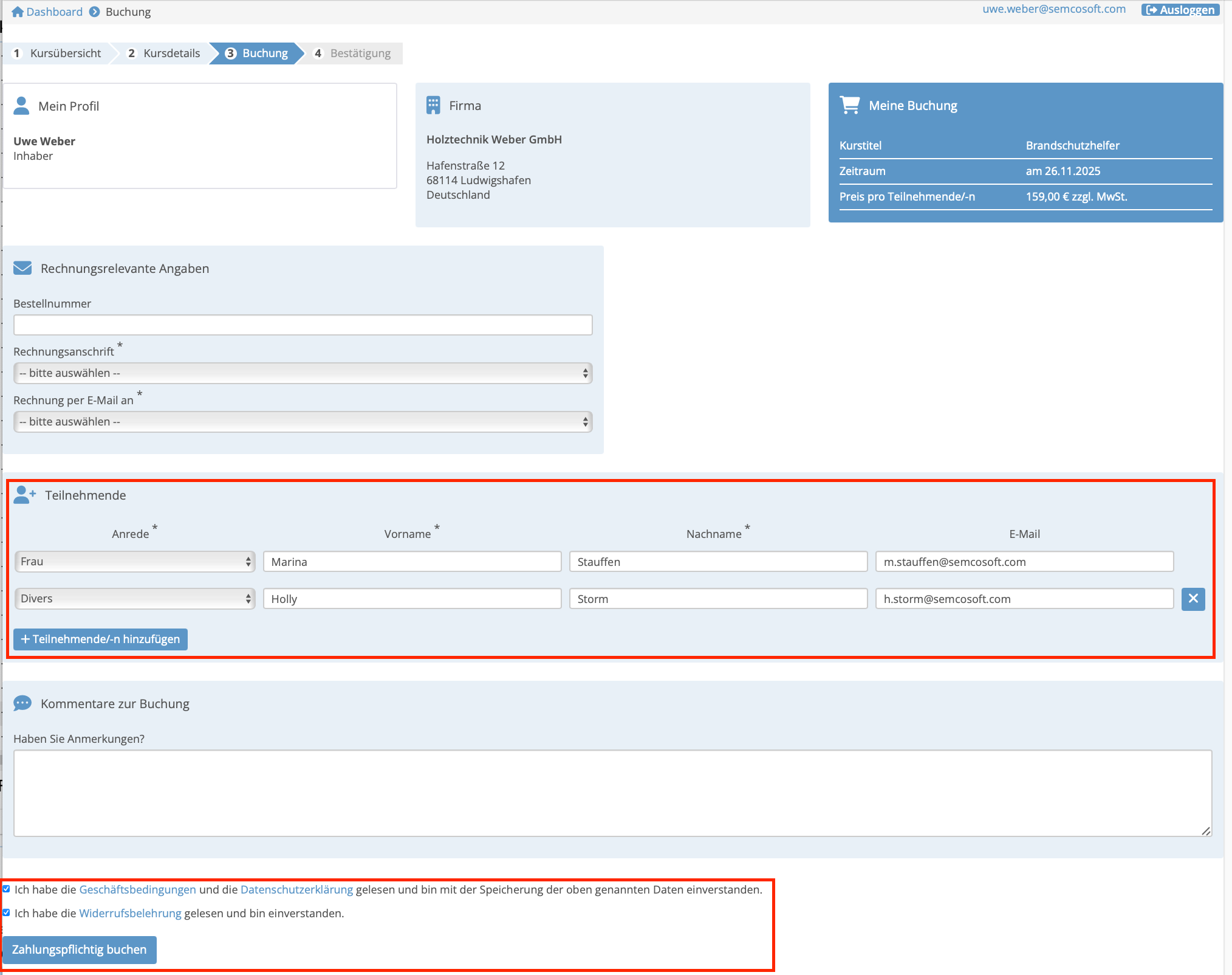 Buchungsformular - Ansprechpartner bucht für mehrere Teilnehmer im Firmenportal