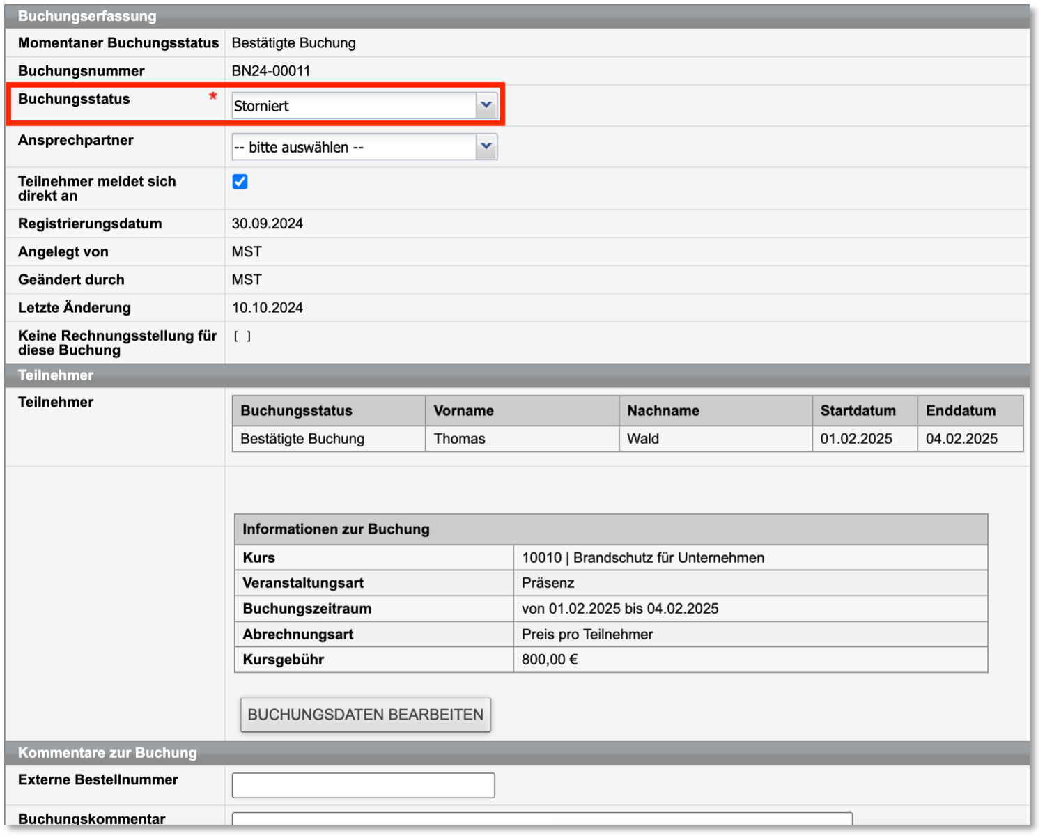 Buchungsformular Firmenbuchung mit Stornoanfrage