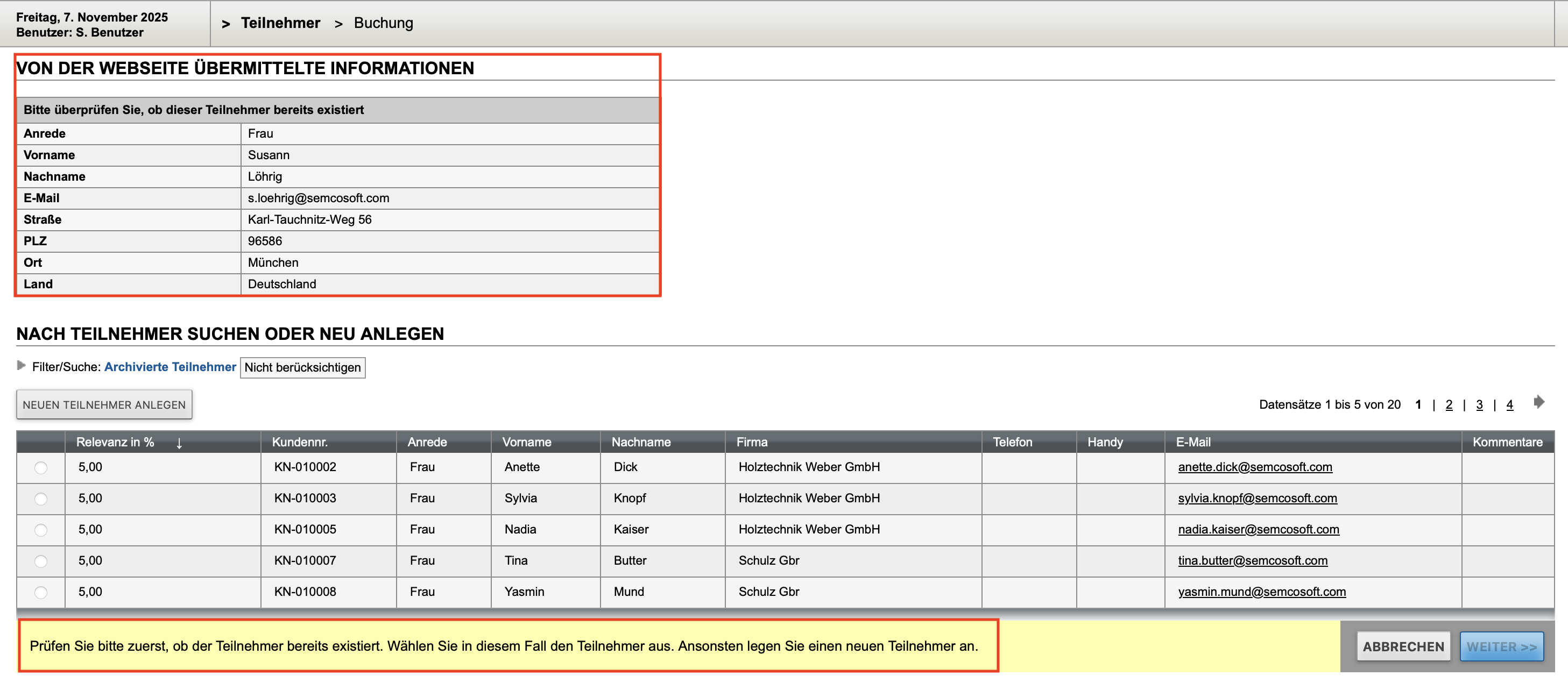 Erstes Bearbeitungsformular einer Online-Privatbuchung im Backend