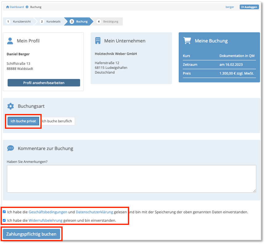 Buchungsformular im Teilnehmerportal