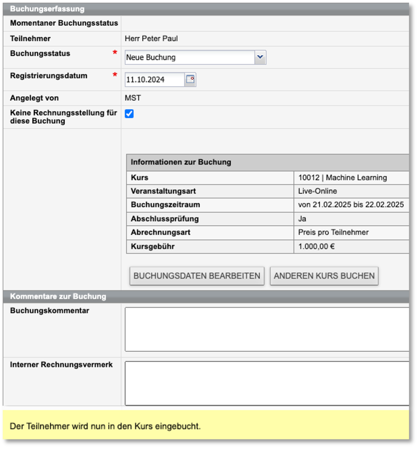Online-Privatbuchung - Buchungsformular