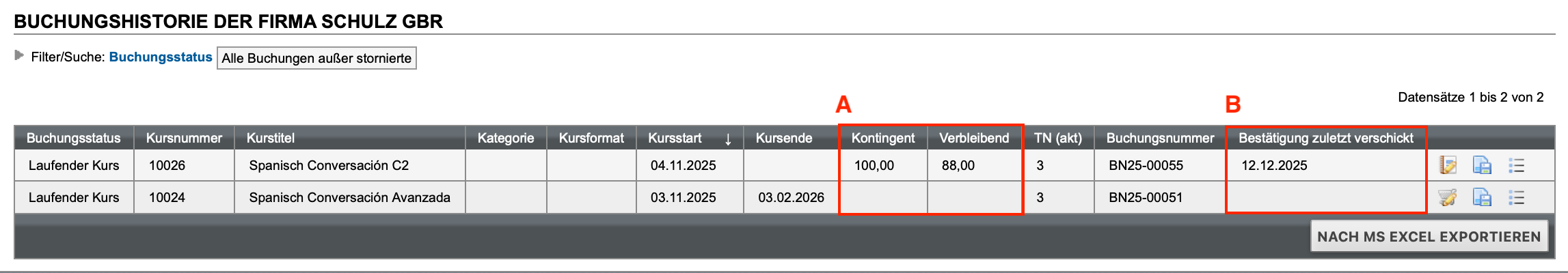 Buchungshistorie Kontingentkurse