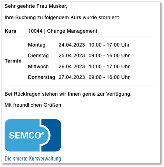 Buchungsstorno für Ansprechpartner bei Firmenbuchungen über Besteller