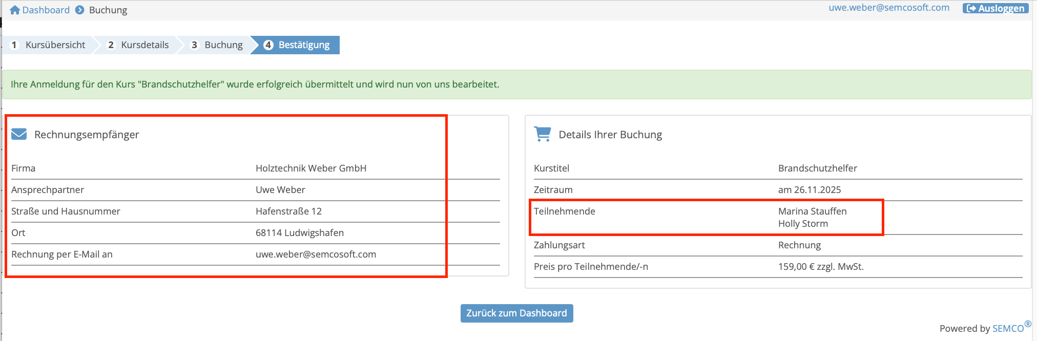 Buchungszusammenfassung - Buchung über Ansprechpartner im Firmenportal