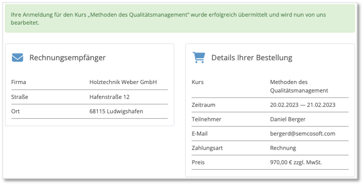 Buchungszusammenfassung - Rechnungsempfänger ist die Firma des Teilnehmers