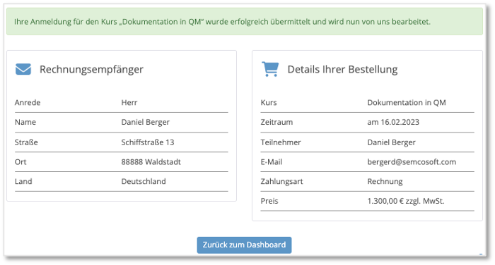 Buchungszusammenfassung für private Teilnehmerbuchungen