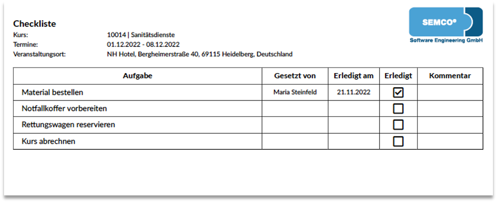 Checkliste für einen Kurs
