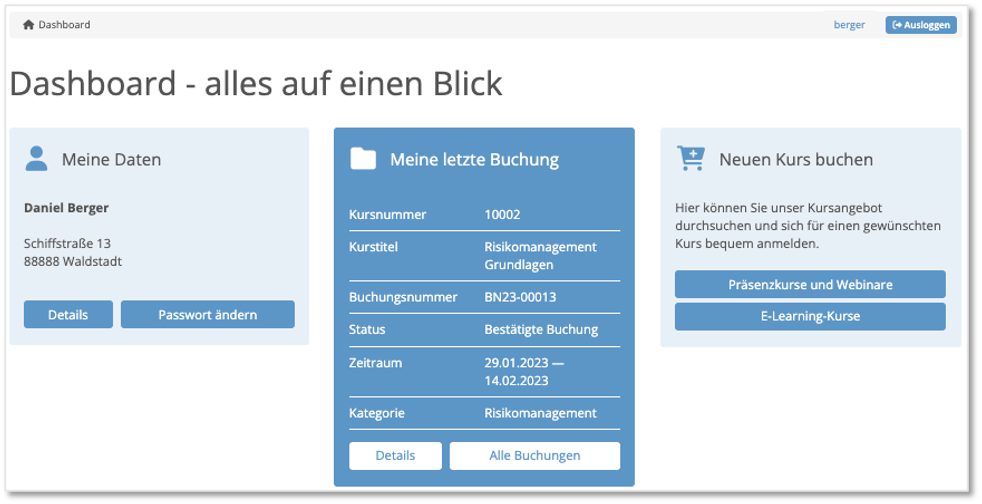 Dashboard im Teilnehmerportal