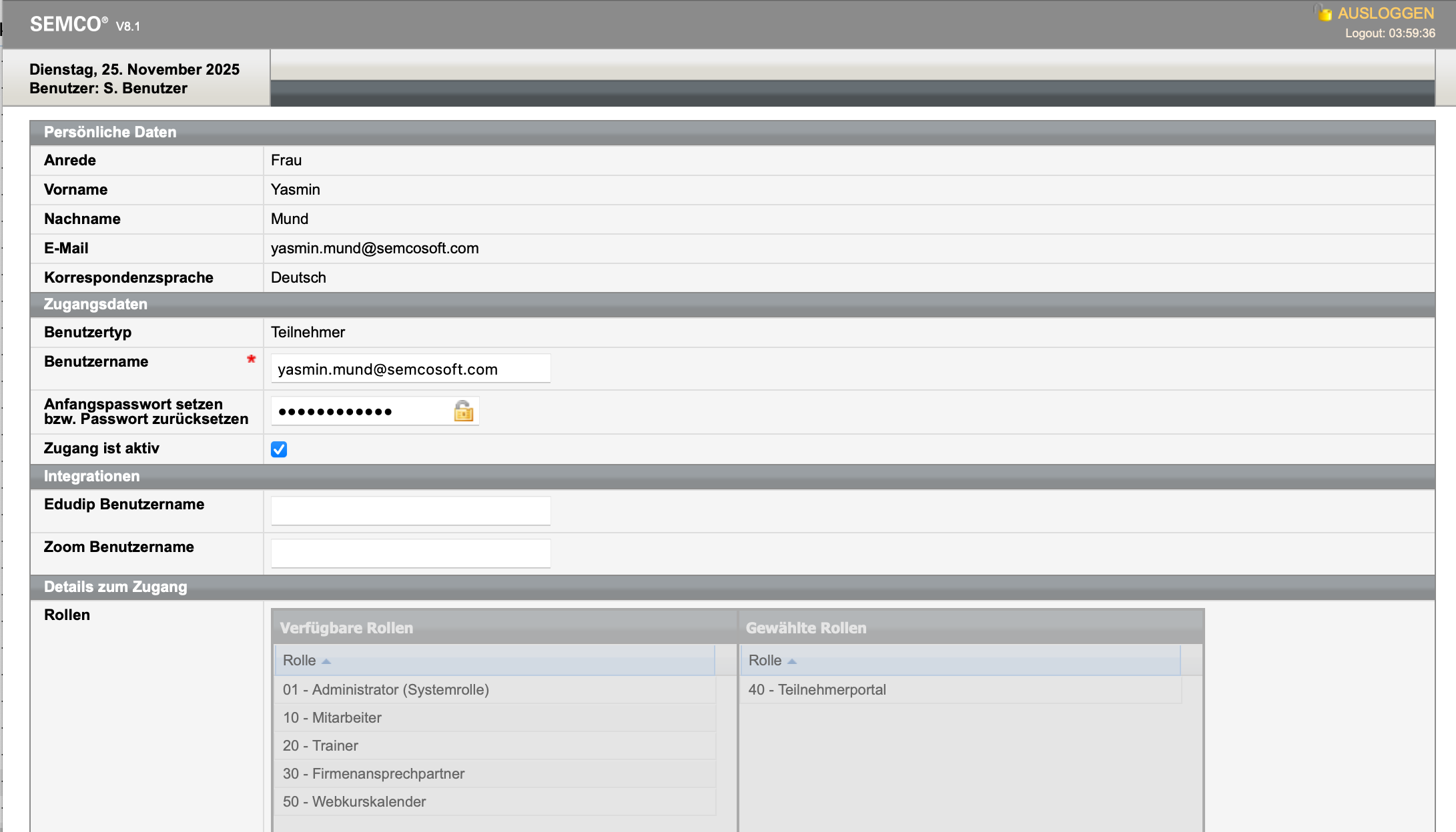 Datenformular Teilnehmerdaten für Teilnehmerportalzugang