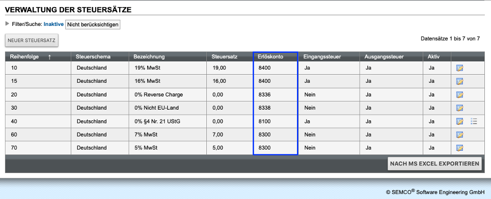 Screenshot der Liste zur Verwaltung der Steuersätze