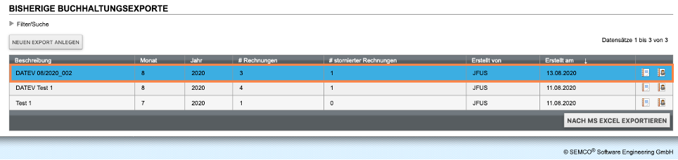 Letzter Buchhaltungsexport an erster Stelle in Exporttabelle