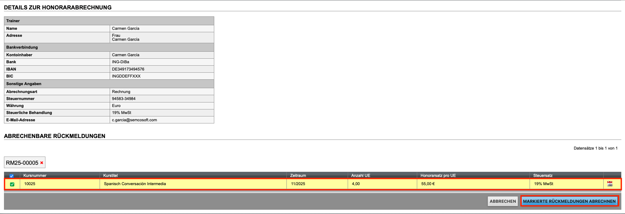 Details zur Honorarabrechnung im Trainerzugang