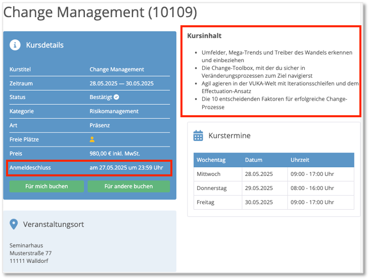 Detailübersicht eines Kurses