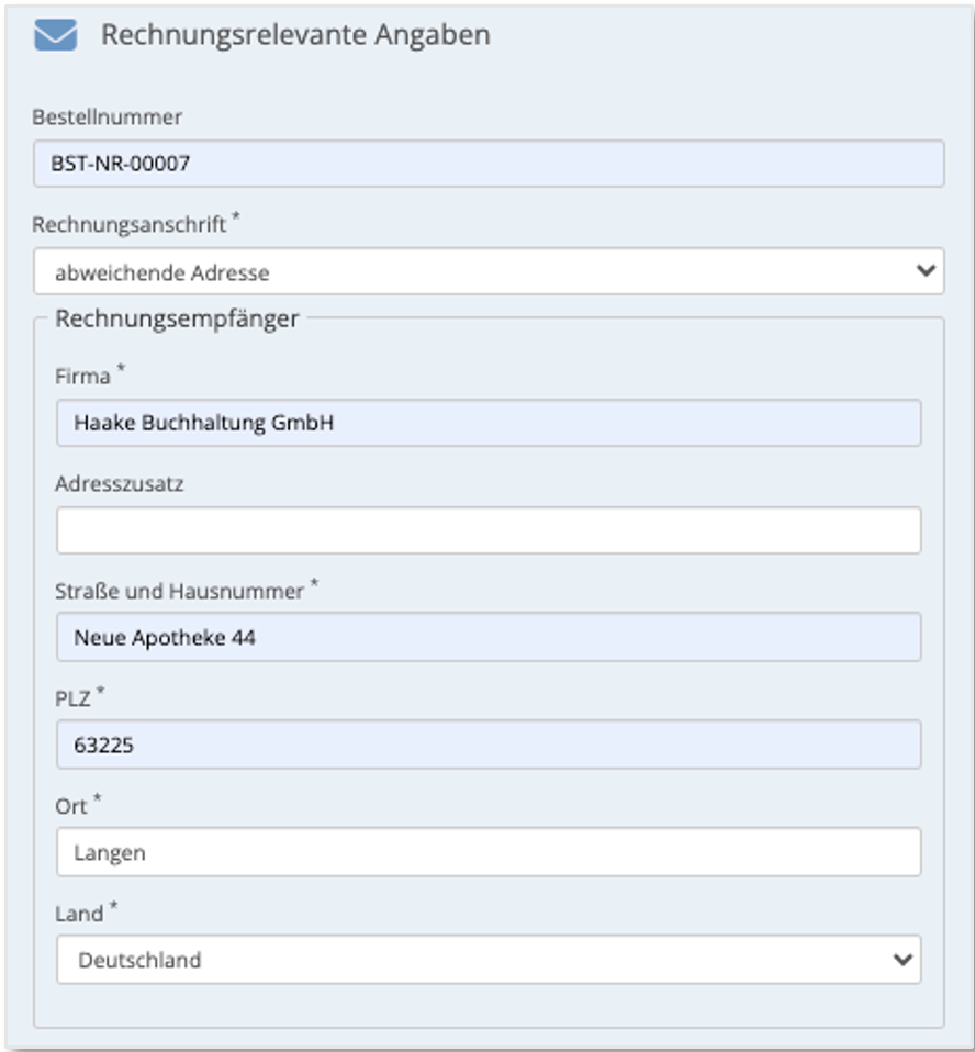 Screenshot Dynamischer Block für eine abweichende Rechnungsanschrift