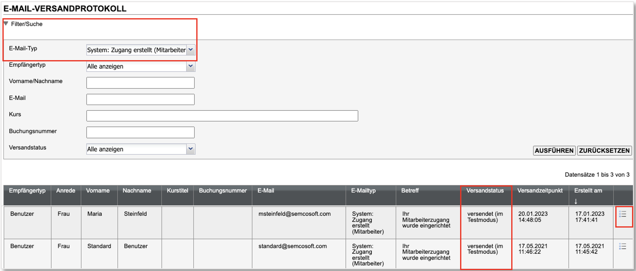 Screenshot des E-Mail-Versandprotokolls