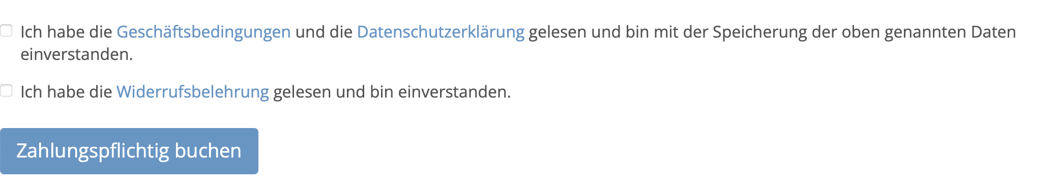 Einverständniserklärungen und Buchungsbutton