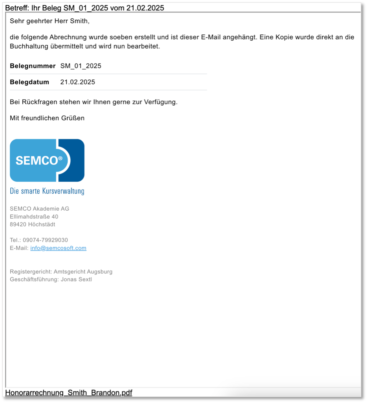 E-Mail nach Erstellung einer Honorarrechnung bzw. Gutschrift