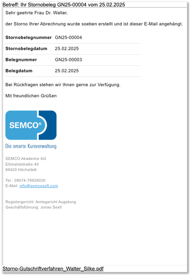 E-Mail nach Stornierung einer Trainerabrechnung