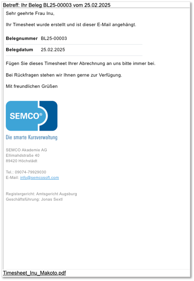 E-Mail nach Erstellung eines Timesheets