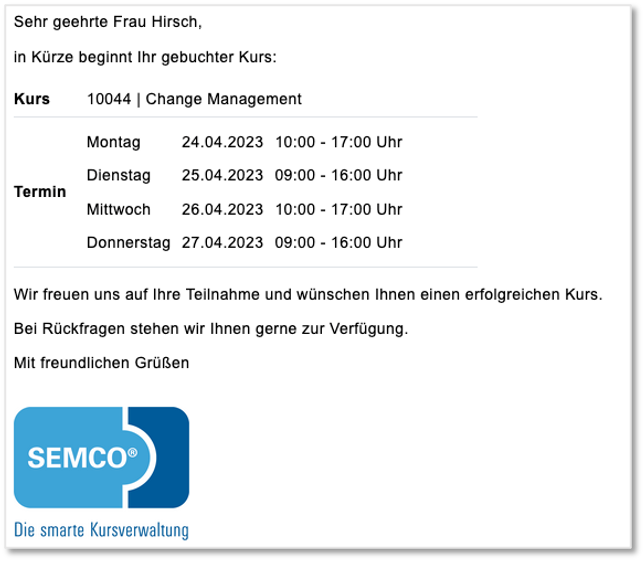 Erinnerung zum Kursstart für Kursteilnehmer
