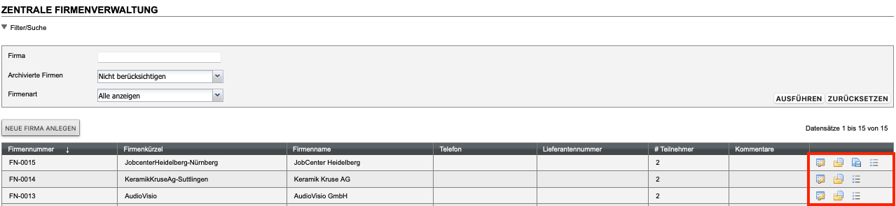 Favoritenleiste in der Firmenliste