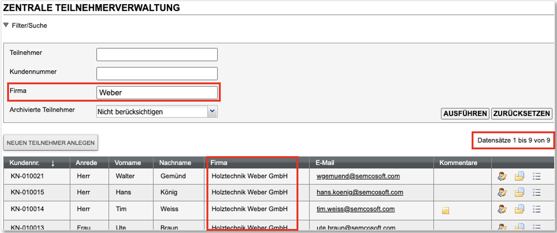 Screenshot Filtern nach Firmenzugehörigkeitn