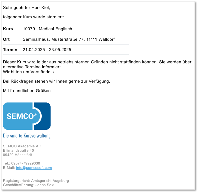 Firmenansprechpartner – Kursstornobenachrichtigung