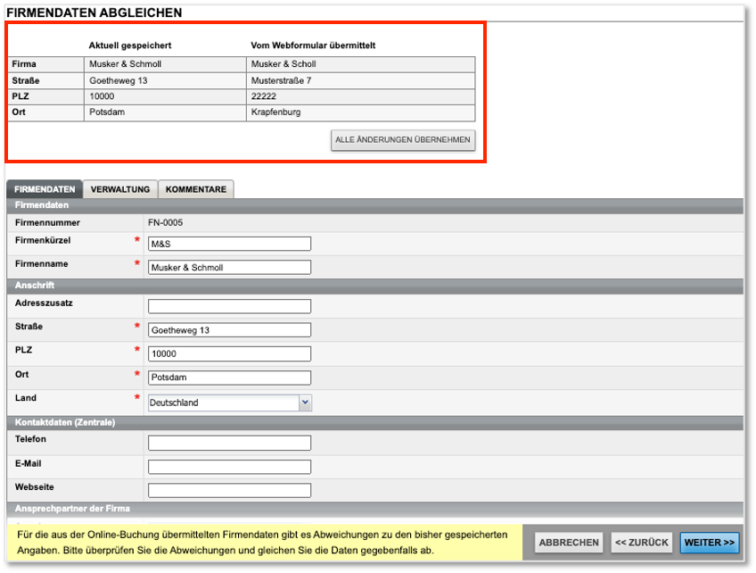 Berufliche Online-Direktbuchung - Firmendaten abgleichen