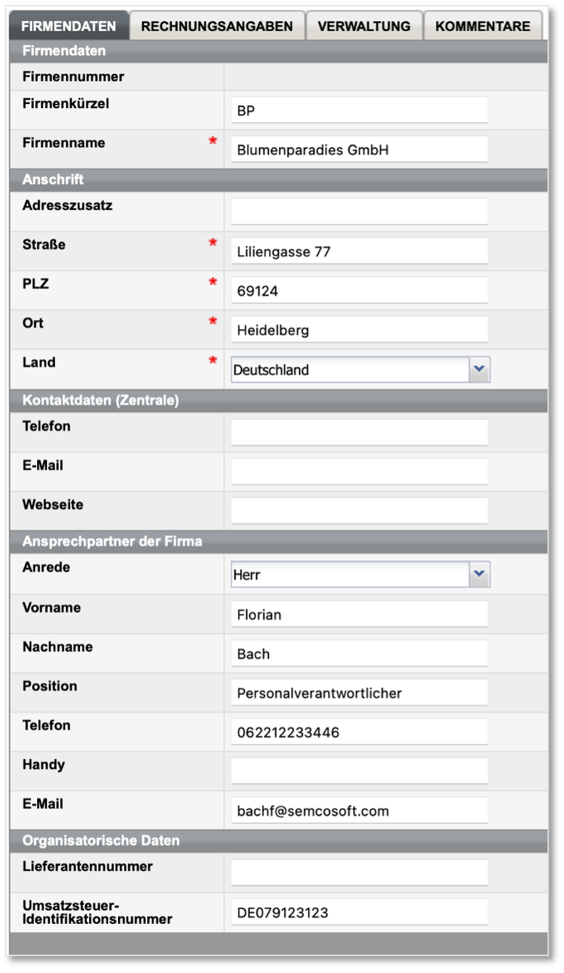 Screenshot Firmendatenformular Registerkarte Firmendaten