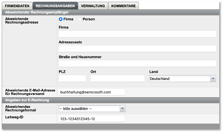 Screenshot Firmendatenformular Registerkarte Rechnungsangaben