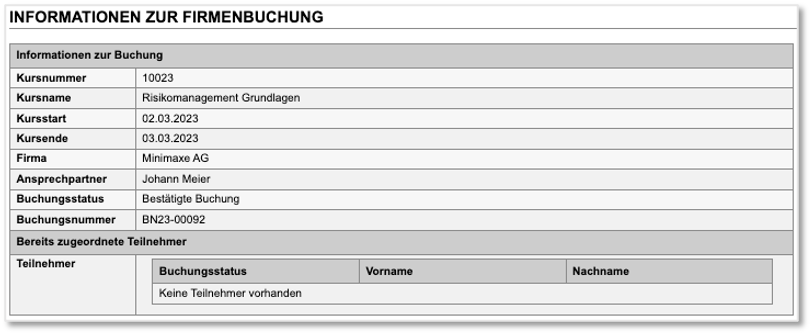 Firmenkurs – Buchungsdetails in der Teilnehmerzuordnung