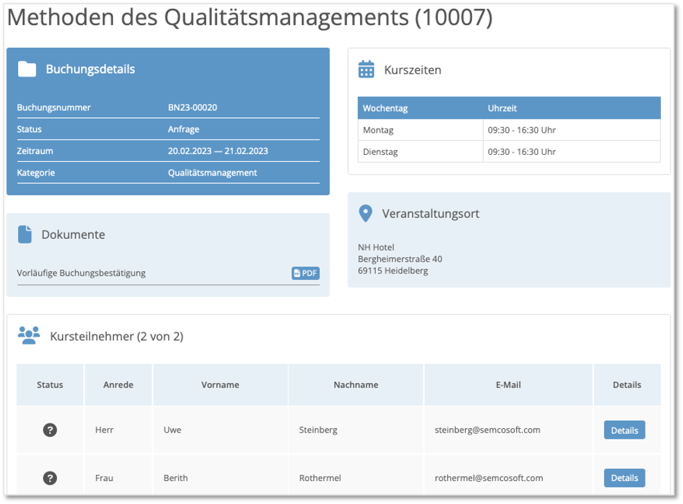 Übersicht über Buchungsdetails im Firmenportal